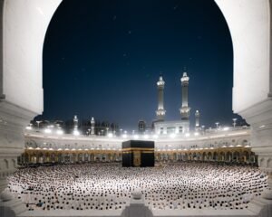 A breathtaking night view of pilgrims at the Kaaba in Masjid al-Haram, Makkah, Saudi Arabia.