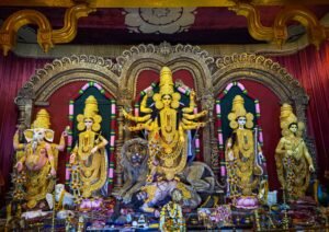 Intricate statues of Goddess Durga during Durga Puja festival in Kolkata.